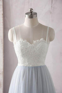 Simple A Line Spaghetti Straps Gray Sweetheart Ivory Lace Blue Tulle Prom Dresses RS608