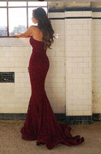 Load image into Gallery viewer, Burgundy Sweetheart Strapless Lace Mermaid Cheap Long Prom Dress Bridesmaid Dresses RS13