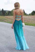 Load image into Gallery viewer, Green A-line Long Real Beauty Peacock Green Strapless Gradient Ombre Chiffon Prom Dresses RS339