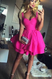 Ball Gown Scoop Eyelet Lace up Fuchsia Short Prom Dress Satin Cute Mini Homecoming Dress RS700